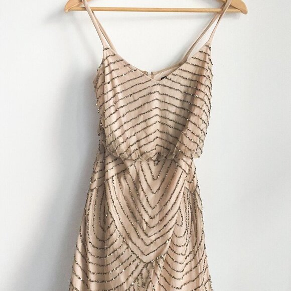 Adrianna Papell Nude Beaded Art Deco Spaghetti Strap Maxi Dress 0 - Picture 5 of 9